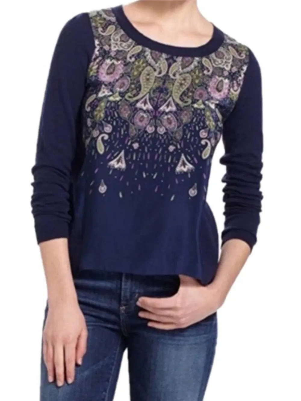 ANTHROPOLOGIES MOTH Silk Front Panel Navy Sweater